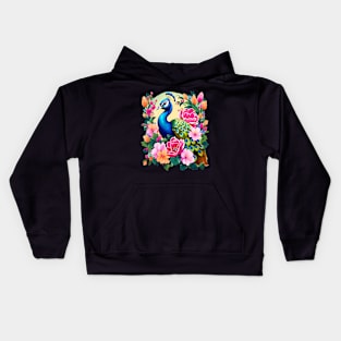 A Cute Peacock Surrounded by Bold Vibrant Spring Flowers Kids Hoodie